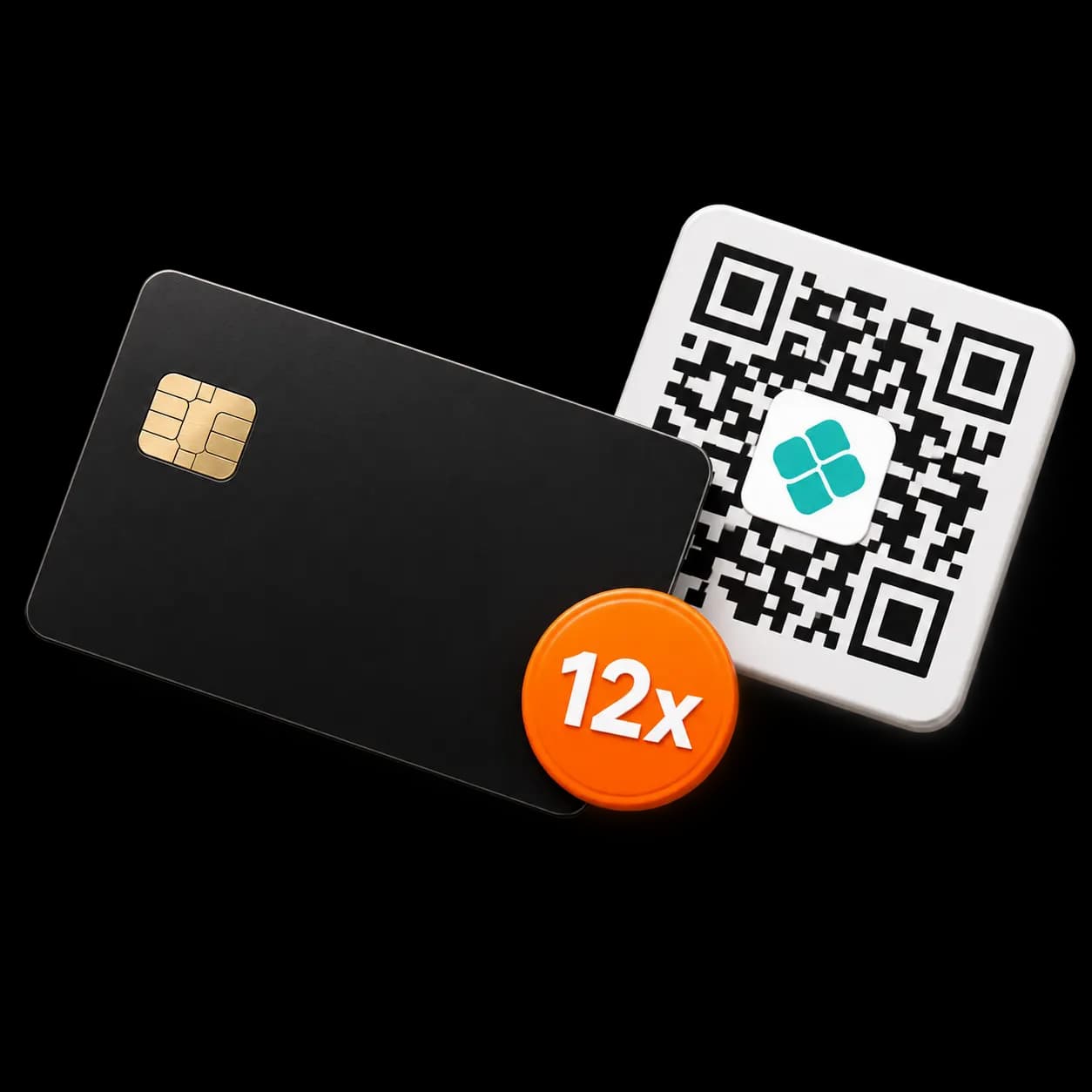 Um cartão de crédito com selo de 12x ao lado de um QR Code do PIX, as duas formas de pagar.